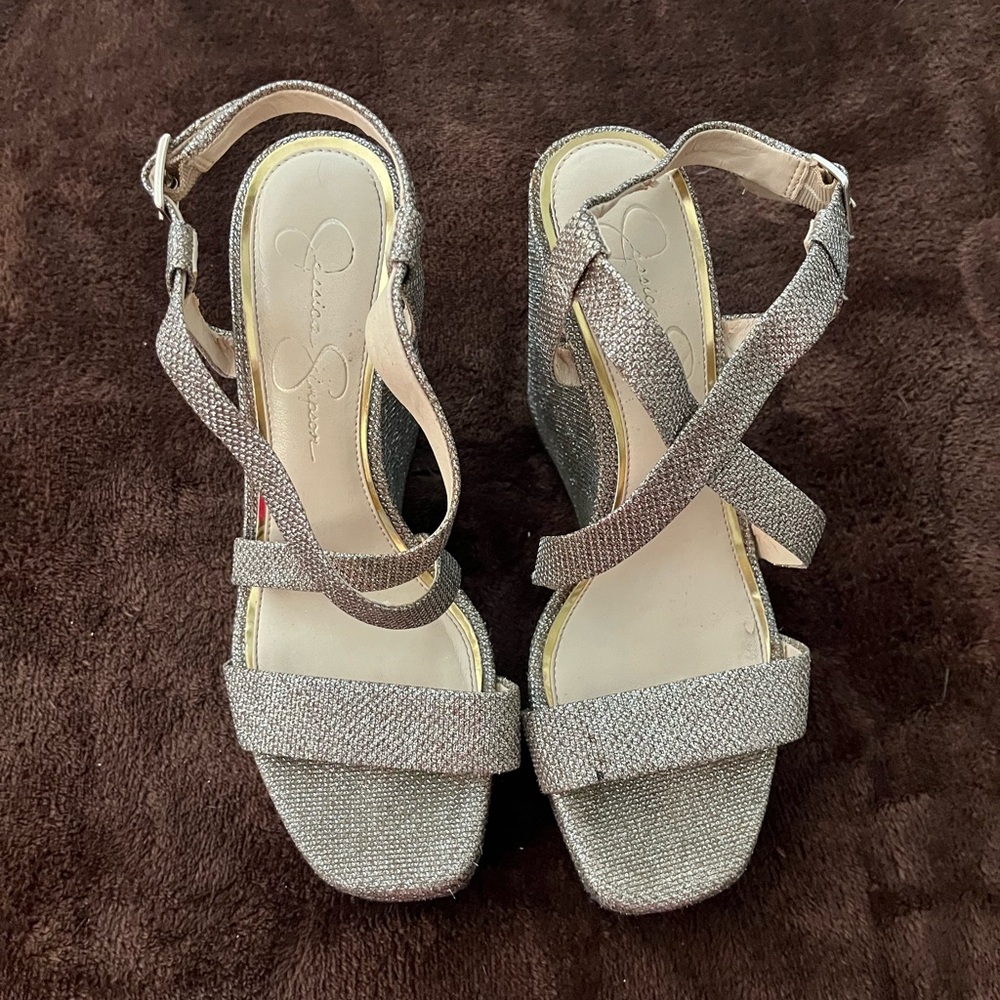 Jessica Simpson Glitter Strap Wedges